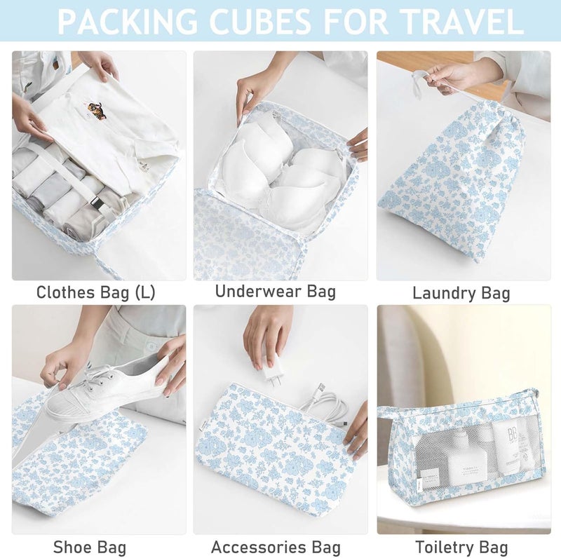 KPX 8 Set Packing Cubes for Travel, Luggage Packing Organizers Accessories Large Toiletries Bag for Clothes Shoes Cosmetics (Blue Flower) - Image 4